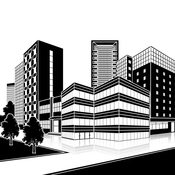 Immeuble de bureaux silhouette avec entrée et réflexion — Image vectorielle