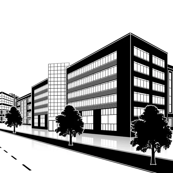 Immeuble de bureaux silhouette avec entrée et réflexion — Image vectorielle