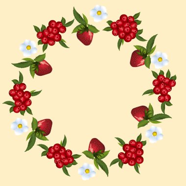 çilek ve yeşil yaprakları ile kızılcık çerçeve