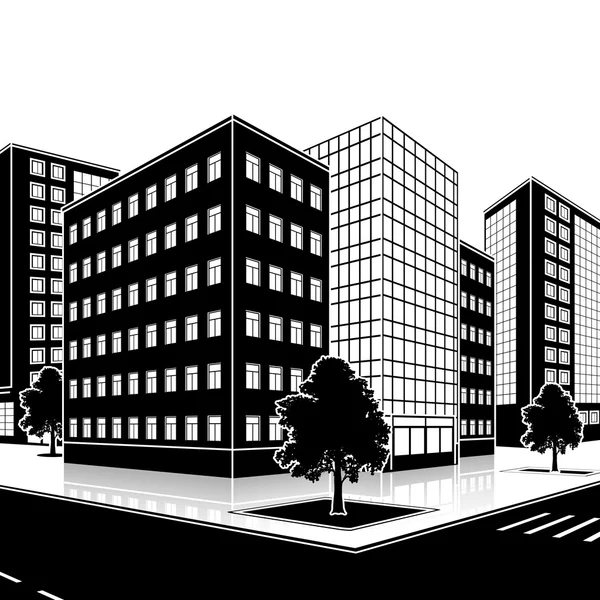 Immeuble de bureaux silhouette avec entrée et réflexion — Image vectorielle