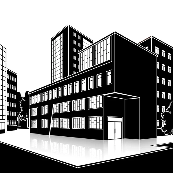 Immeuble de bureaux silhouette avec entrée et réflexion — Image vectorielle