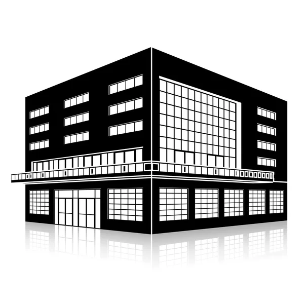 Silhouette office building with an entrance and reflection — Stock Vector