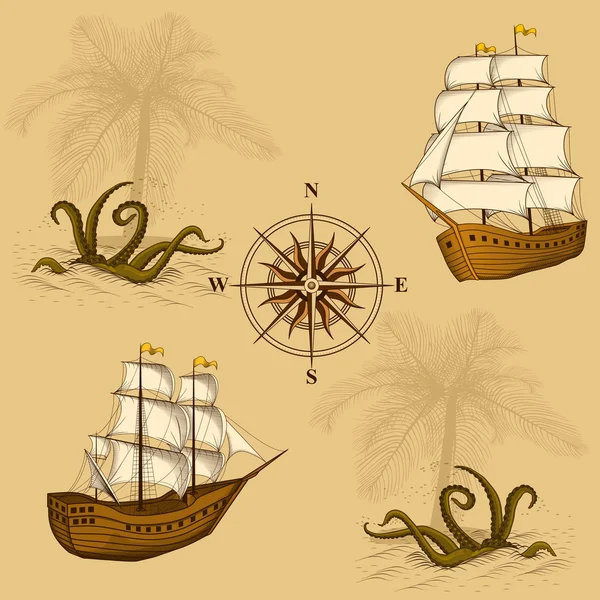 Seamless old map with a compass and ships — Stock Vector