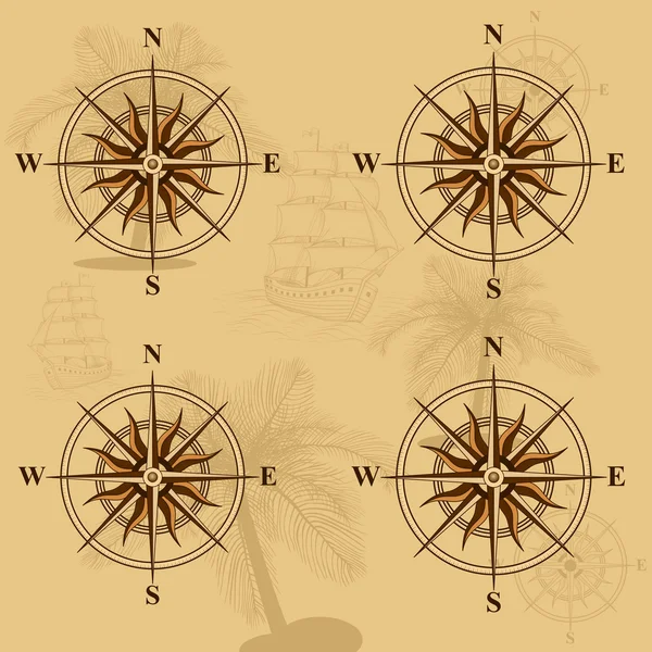 Vieille carte transparente avec une boussole et des navires — Image vectorielle