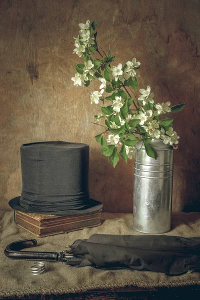 Retro Still Life Bird Cherry Old Hat — Stock Photo, Image