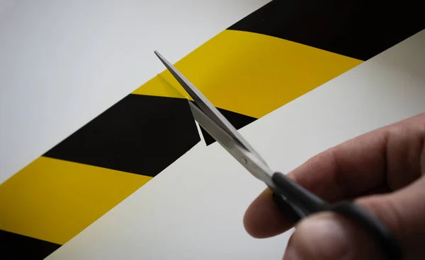 Scissors Cut Forbidden Ribbon Black Yellow End Prohibitions — Stock Photo, Image