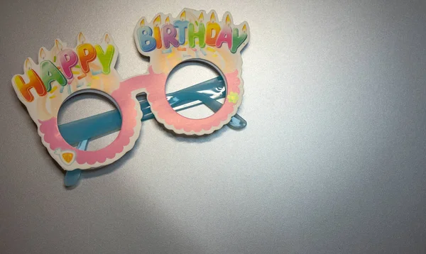 Holiday Glasses Happy Birthday Silver Background — Stock Photo, Image