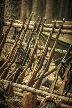 İkinci Dünya Savaşı 'nın av tüfekleri ve tüfekleri. Ormanda, bir ahşap tezgahta.