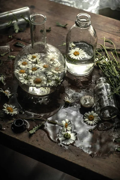 Szklane Butelki Wodą Kwiatami Rumianku Martwa Natura Stylu Retro — Zdjęcie stockowe
