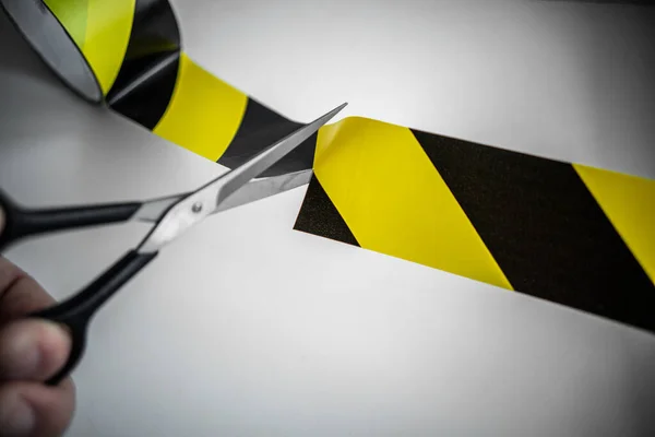 Scissors Cut Forbidding Tape Black Yellow — Stock Photo, Image