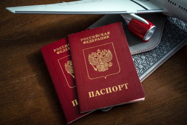 Rusya Federasyonu 'nun yabancı pasaportu, uçağın kanadı. Tatil