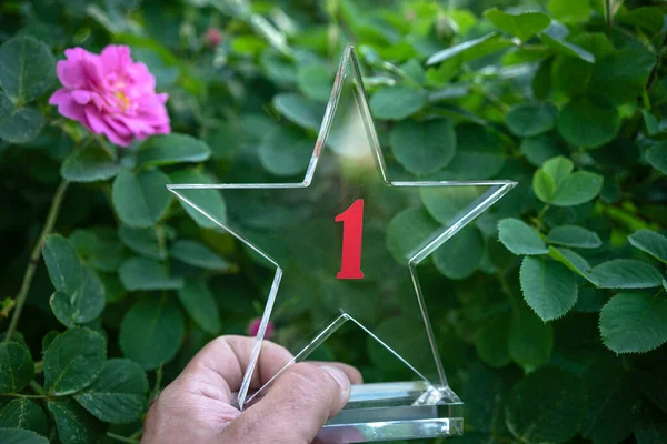 Mão Detém Prêmio Vidro Para Primeiro Lugar Com Número Fundo — Fotografia de Stock