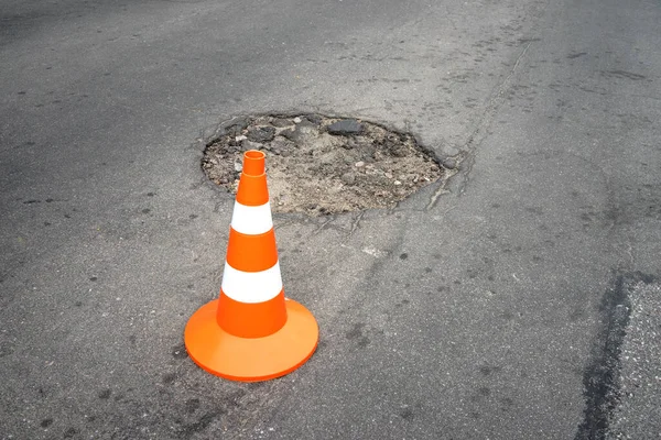 Pit Asphalt Road Warning Orange Plastic Cone Installed Warn Danger — Stock Photo, Image