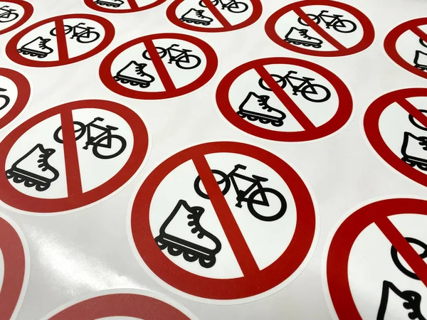 Printing Red Forbidding Stickers You Can Ride Bicycle Roller Skates — Foto de Stock