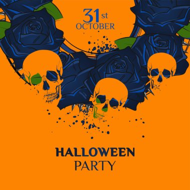 Cadılar Bayramı partisi tasarım şablonu çelenk gül ve kafatasları ile.