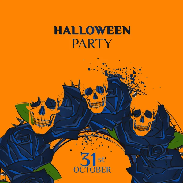 Halloween Party Design modelo com grinalda de rosas e crânios . — Vetor de Stock