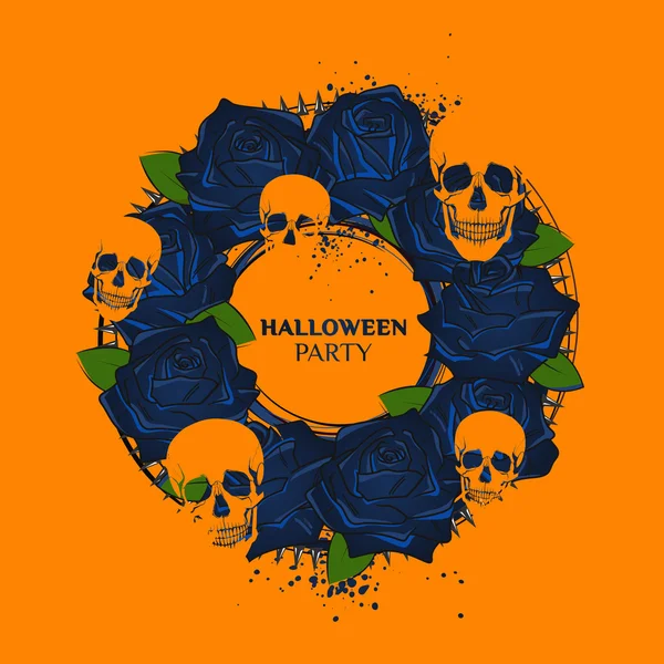 Modèle de conception de fête d'Halloween avec couronne de roses et de crânes . — Image vectorielle