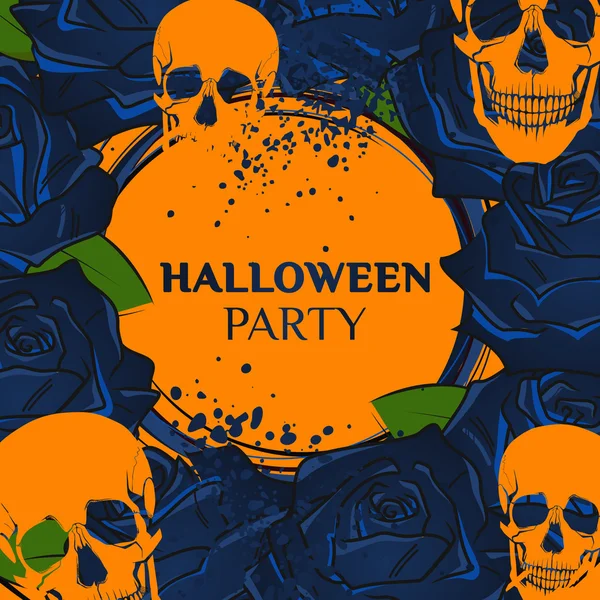 Halloween Party projekt szablonu z wieniec z róż i czaszki. — Wektor stockowy