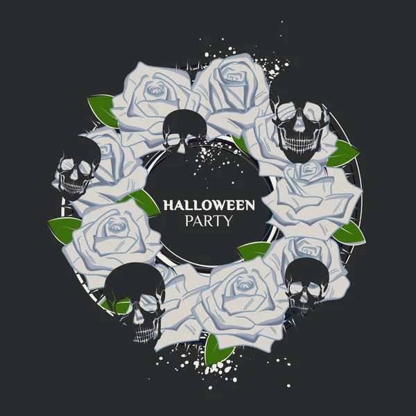 Invitación a Halloween. Plantilla vectorial con rosas, calaveras y lugar para texto — Vector de stock