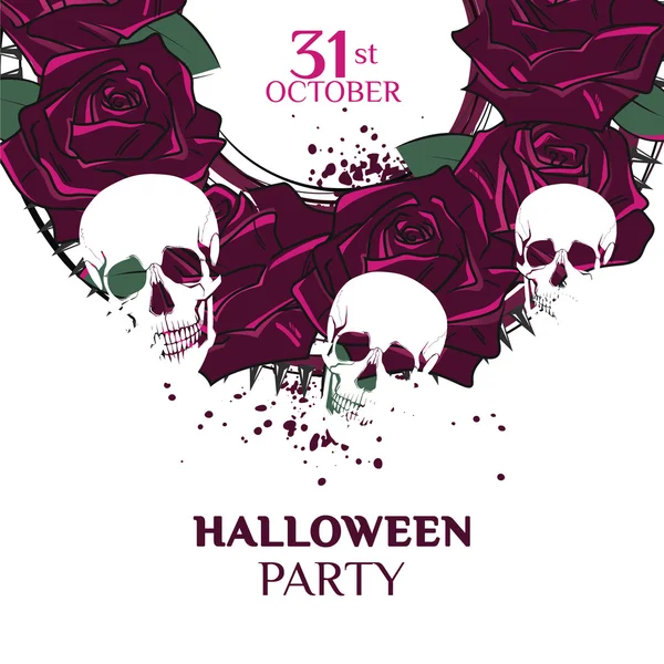 Fiesta de Halloween. Corona de rosas con calaveras. Ilustración vectorial . — Archivo Imágenes Vectoriales