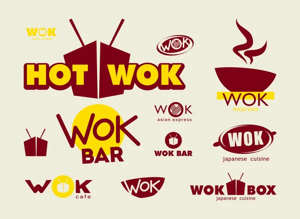 Icônes Wok, étiquettes, signes, symboles et éléments de conception — Image vectorielle