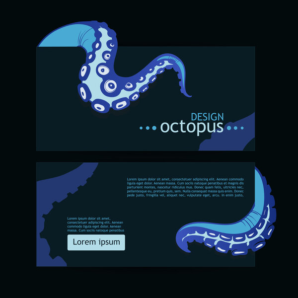 Template for design with blue tentacles of octopus. Vector illustration.