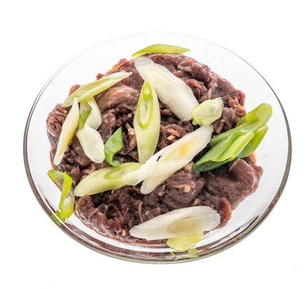 Buey Bulgogi Con Cebolla Verde Dentro Tazón Vidrio Una Comida —  Fotos de Stock