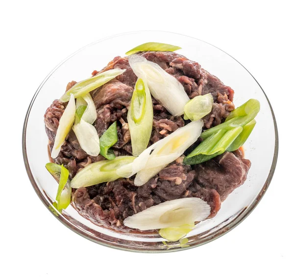 Beef Bulgogi Green Onion Glass Bowl South Korean Meal Isolated — Stock Photo, Image