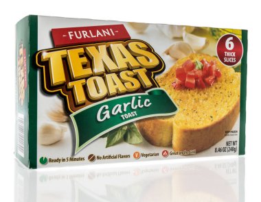 Winneconne, WI -27 Aralık 2020: Bir paket Furlani Texas, izole bir arka planda sarımsaklı ekmek kızartıyor.