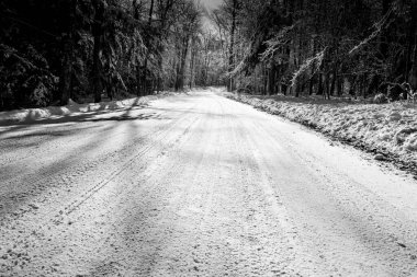 Kar küreme aracı geçtikten sonra karla kaplı bir yol ve karla kaplı ağaçlar..