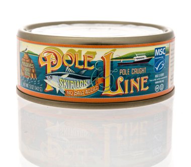 Winneconne, WI - 22 Nisan 2021: Bir Maldivest sırık hattı paketi izole edilmiş arka planda Jack Wild Tuna 'yı atlar