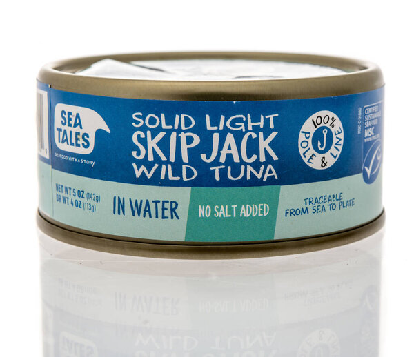 Winneconne, WI - 22 April 2021:  A package of Sea Tales solid light skip jack wild tuna on an isolated background