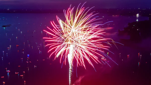 Fireworks Forth July Fired Barge Lake Taken Drone — Stock Photo, Image