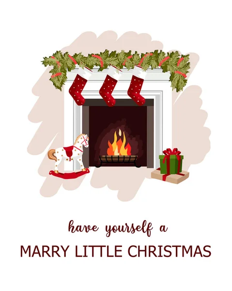 Noël Nouvelle Carte Voeux Année Cheminée Confortable Avec Cadeaux Illustration — Image vectorielle