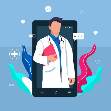 Bir erkek terapistle mesajlaşma ve internet danışmanlığında akıllı telefon ekranı. Bir şamandıranın vektör çizimi. Doktora sor. Çevrimiçi tıbbi danışma veya danışma hizmeti