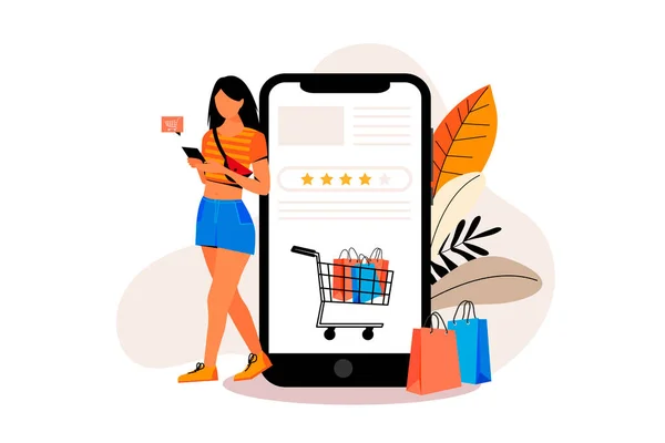 Online alışveriş iniş sayfasının düz tasarımı. Kız çevrimiçi alışverişler yapıyor. Vektör illüstrasyonu.