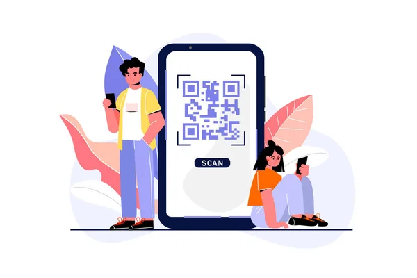 QR kod tarama vektör illüstrasyon konsepti, insanlar akıllı telefon kullanır ve ödeme için qr kodu ve her şey için kullanılabilir, iniş sayfası, şablon, ui, web, mobil uygulama, poster, afiş, broşür