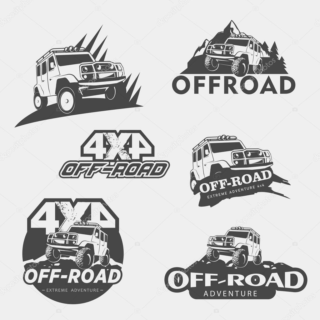 A set of five off-road, 4x4 extreme club emblems. Vector illustration.