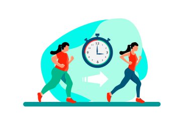 Kilo kaybı. Diyetin kişinin kilosu üzerindeki etkisi. Zindelikten önce ve sonra tombul ve ince bir kadın. Renkli düz illüstrasyon.