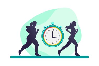 Kilo kaybı. Diyetin kişinin kilosu üzerindeki etkisi. Diyet ve zindelikten önce ve sonra tombul ve zayıf bir kadın. Kilo verme kavramı.