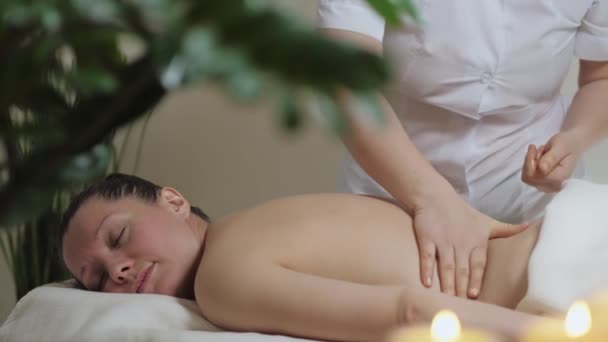 Massage therapist applies massage oil on the back of a beautiful brunette woman — Stock Video