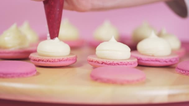 Beautiful pink macaroons fill with pink jam on a pink background — Stock Video