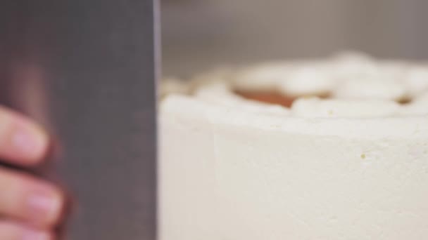Vrouw nivelleren een lichte crème op een taart op een roterende stand in een huis keuken — Stockvideo