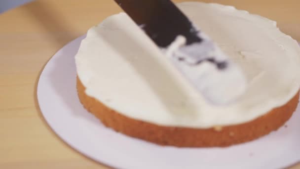 Het aanbrengen van de crème op de spons cake tijdens de assemblage van de taart. — Stockvideo