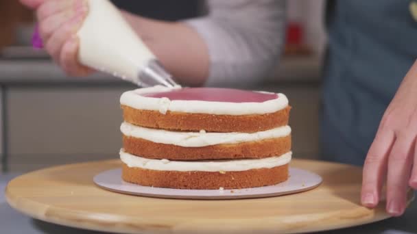 De banketbakker brengt de crème aan op de bessenlaag tussen de koekjes. — Stockvideo