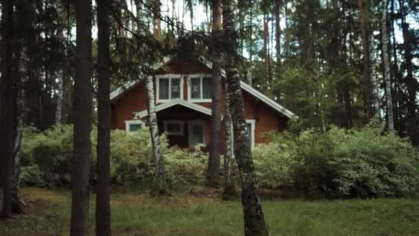 Όμορφο ξύλινο σπίτι με λευκό εξαργύρωση σε ένα όμορφο δάσος του καλοκαιριού. — Αρχείο Βίντεο