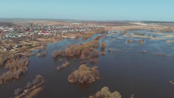 L'alluvione del fiume vicino al villaggio. Inondazioni in primavera. Vista aerea — Video Stock