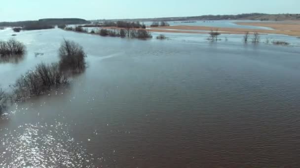 On a sunny spring day, the camera flies fast and low over a flooded field. — Stock Video