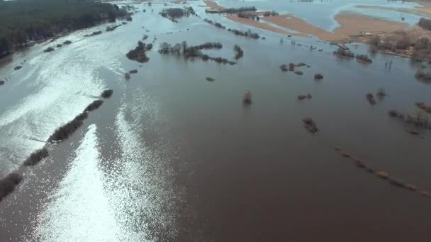 On a sunny spring day, the camera flies high over a flooded area of the field — Stock Video
