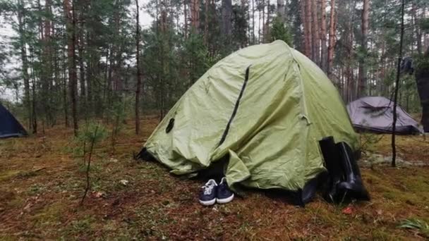 Helytelenül telepített sátor az erdőben az esőben, nedves cipővel mellette — Stock videók